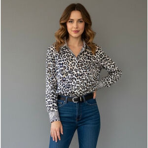 Vintage Starington 100% Silk Leopard Print Blouse Paisley Trim Women's Size 12